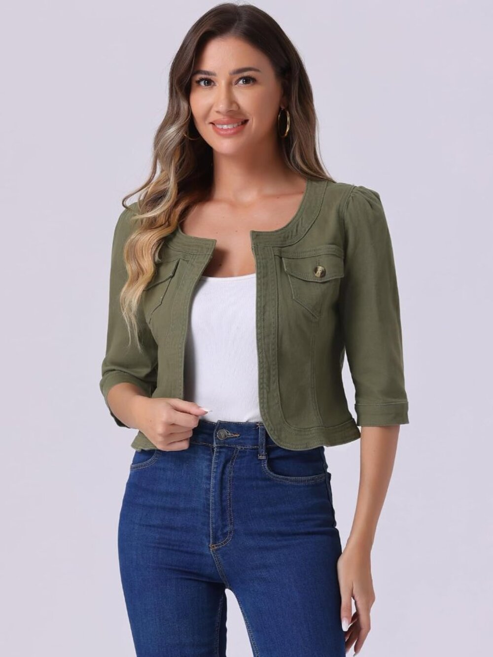 〽️Women’s Army Green Denim Cardigan | Short Cropped Jean Jacket with 3/4 Sleeves - Picture 3 of 5